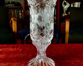 Large 2-Piece Vintage Cut Crystal Hurricane Lamp From Imperial Crystal of Poland (24% Lead Crystal) Circa 1980