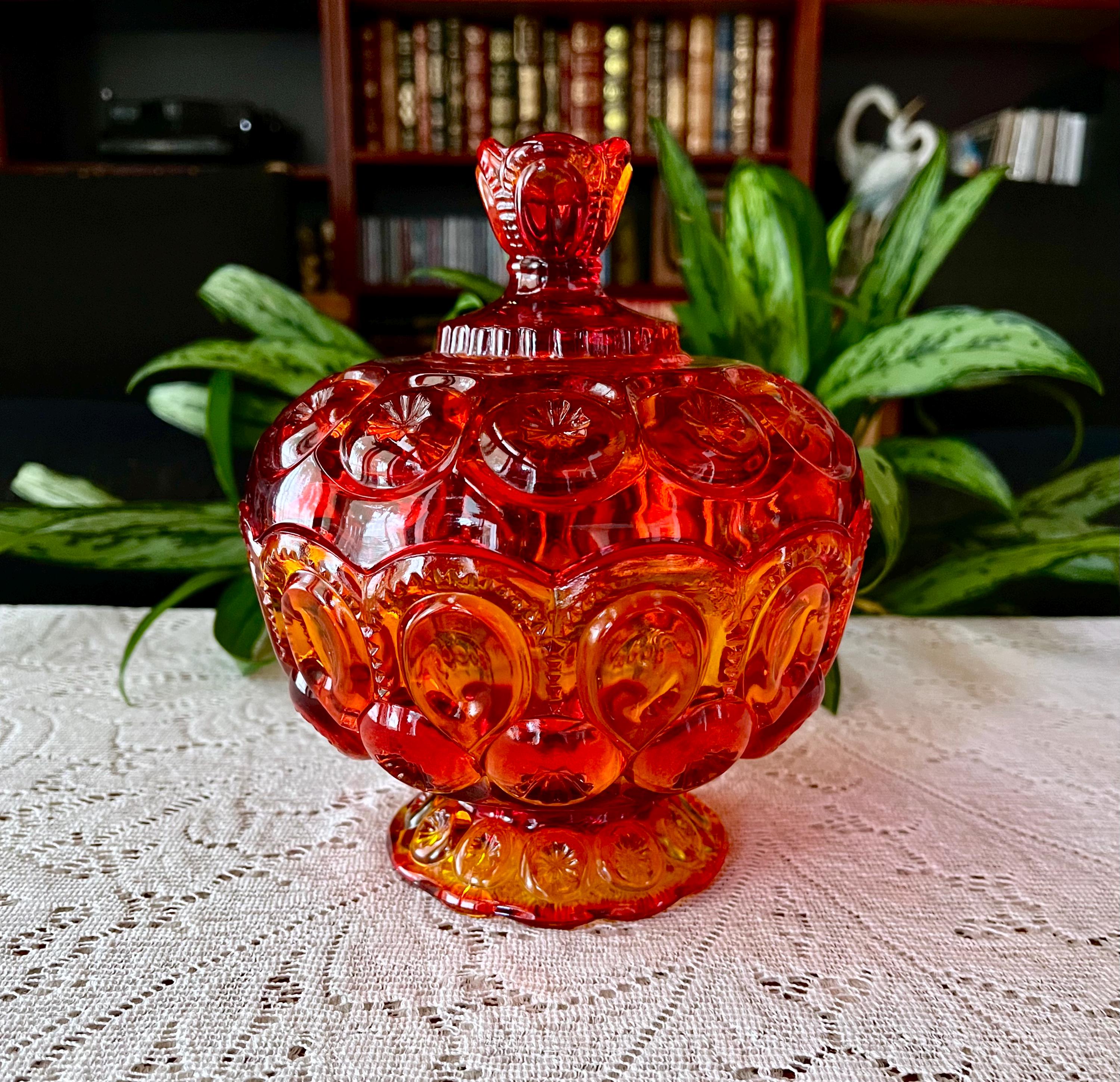 Vintage LE Smith "Moon and Star" Amberina Covered Candy Dish (1940)