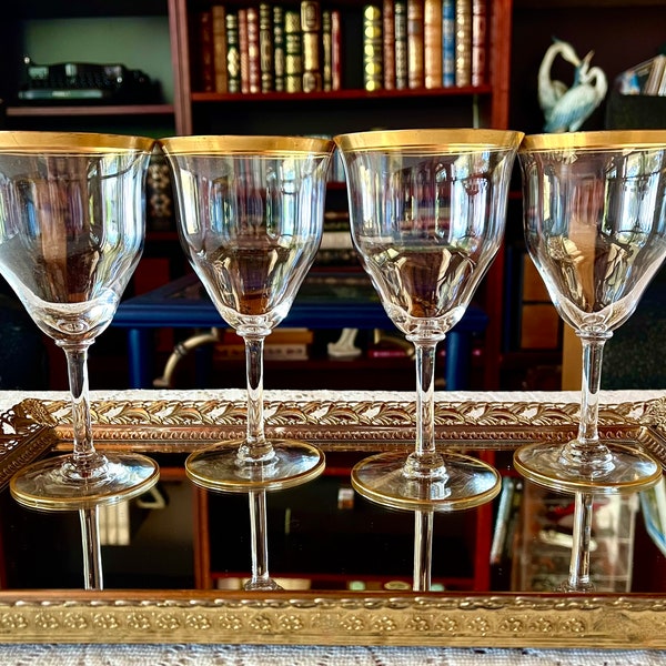 RARE Set of 4 Gold Trimmed Crystal Wine Glasses from Hawkes Crystal Circa 1950