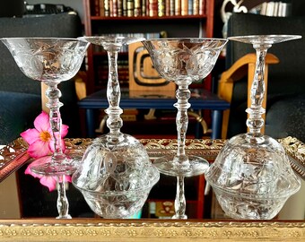 Set of 4 Vintage 1930s "Diana" Crystal Cocktail or Champagne Coupes from Libbey Glass