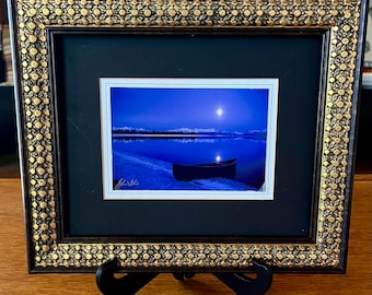 Framed Signed Moody Photograph of a Boat in Moonlight