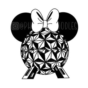 Op de afbeelding: Zwart-witte lijntekening van een geodetische koepel met een witte strik bovenop, die lijkt op Mickey Mouse-oren. De tekst "@PHDOODLES" is zichtbaar op de oren.