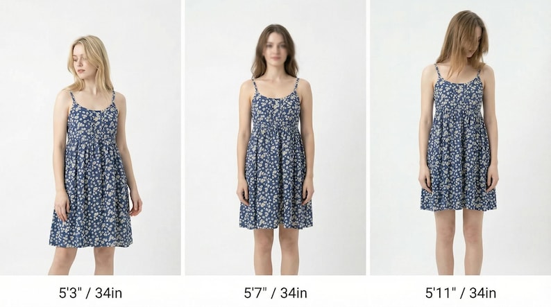 May include: Three women wearing blue floral print dresses with spaghetti straps. The dresses have a fitted bodice and a flared skirt. The women are standing in front of a white background. The dresses are 34 inches in length.