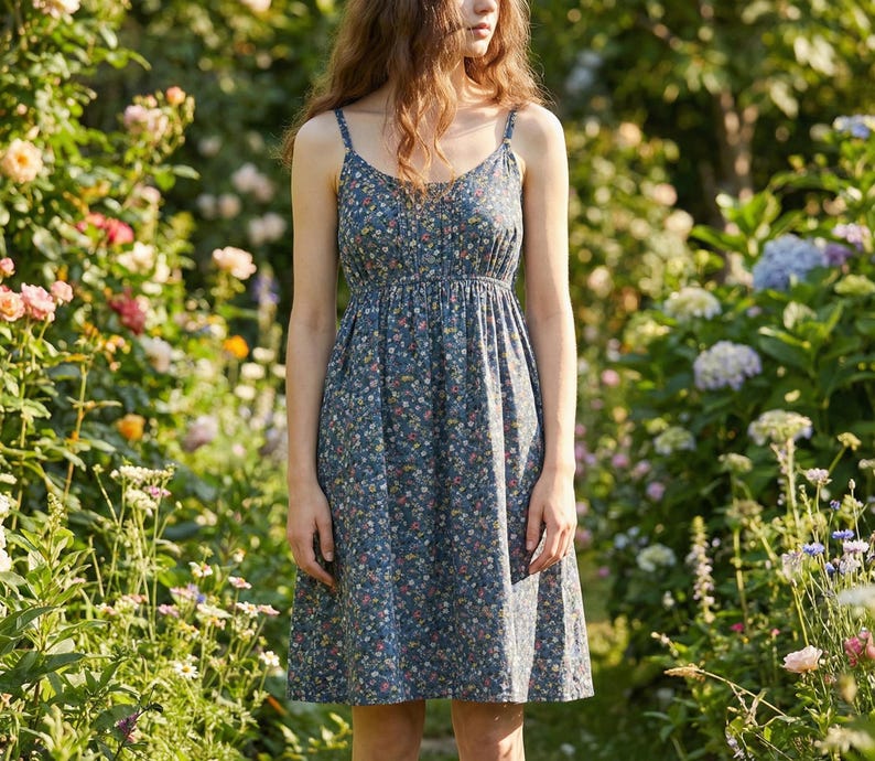 May include: A blue floral print dress with spaghetti straps. The dress has a fitted bodice and a flowing skirt. The dress is made of a lightweight fabric and is perfect for a summer day. The dress is surrounded by a garden of flowers.