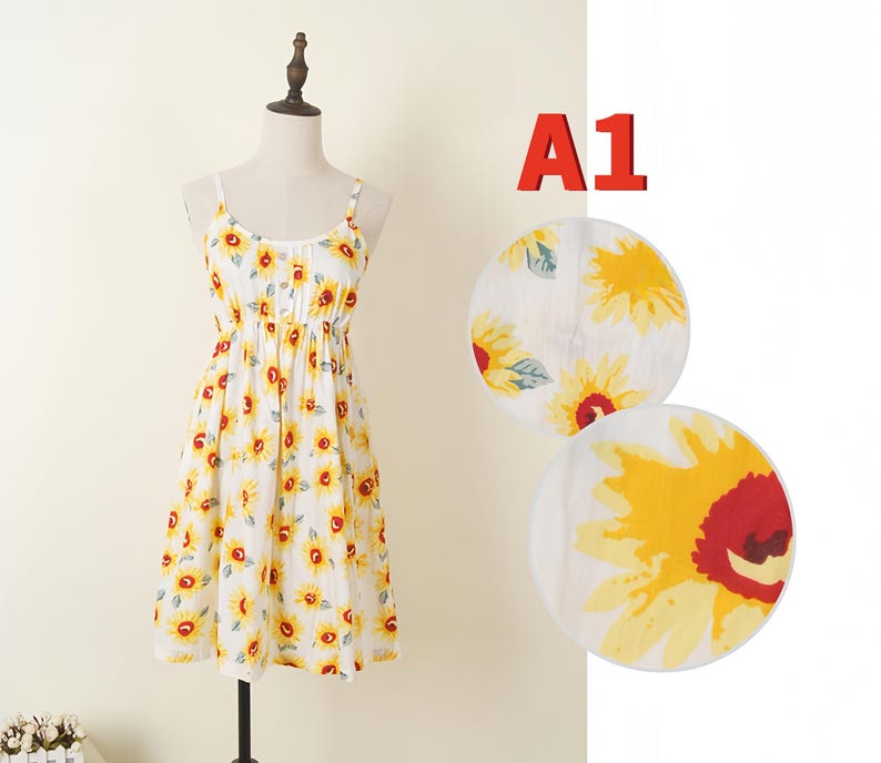 May include: A white sundress with a yellow sunflower pattern, displayed on a mannequin. The dress has thin straps and a gathered waist. Two circular images of sunflowers are next to the dress, and the text "A1" is above them.