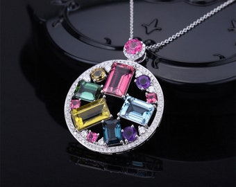 Colorful Zircon Gemstone Pendant, Silver Plated