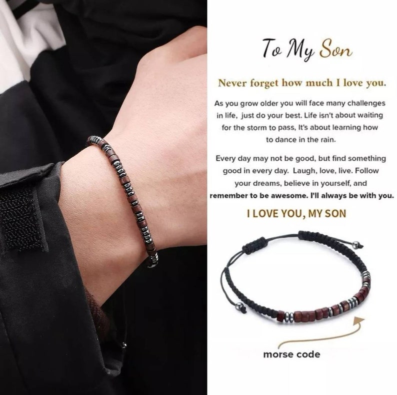 To My Grandson Morse Code Bracelet - Adjustable Inspirational Wristband With Gift Box, Handwoven Silk & Beads