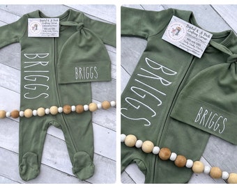 Personalized Sage Green Embroidered Zip Up Footie set, newborn coming home set, unisex, baby shower gift