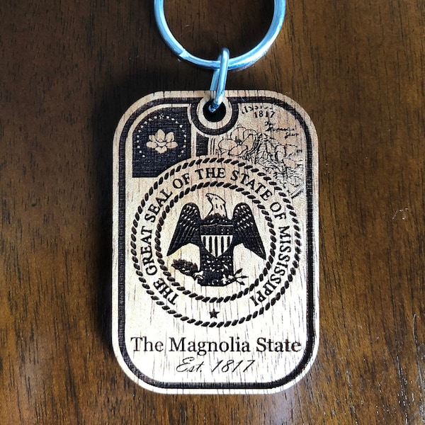 Mississippi Keychain The Magnolia State Est. 1817 Laser Engraved Wood Key Chain