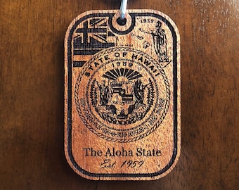 Hawaii Keychain The Aloha State Est. 1959 Laser Engraved Wood Key Chain