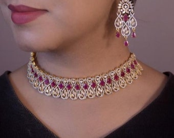 Bridal CZ American Diamond Choker Set, Cubic Zirconia Necklace Set, Indian Jewelry, Wedding Jewelry, Sabysachi Jewel