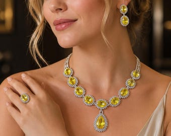 Bridal CZ Jewelry Set, Yellow Cubic Zirconia Necklace, Indian Wedding Jewelry