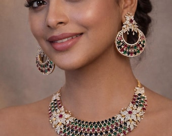 Bridal CZ Necklace Set, American Diamond Indian Wedding Jewelry