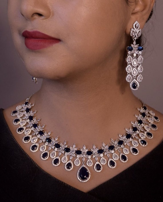 Beautiful Bridal CZ American Diamond Necklace with Earrings Bridal Jewelry Indian Jewelry