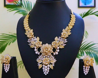 CZ Indian Necklace Set, American Diamond Wedding Jewelry