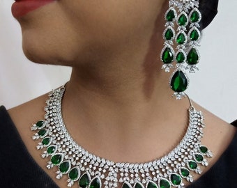 Bridal Cubic Zirconia Necklace Set, American Diamond Indian Jewelry