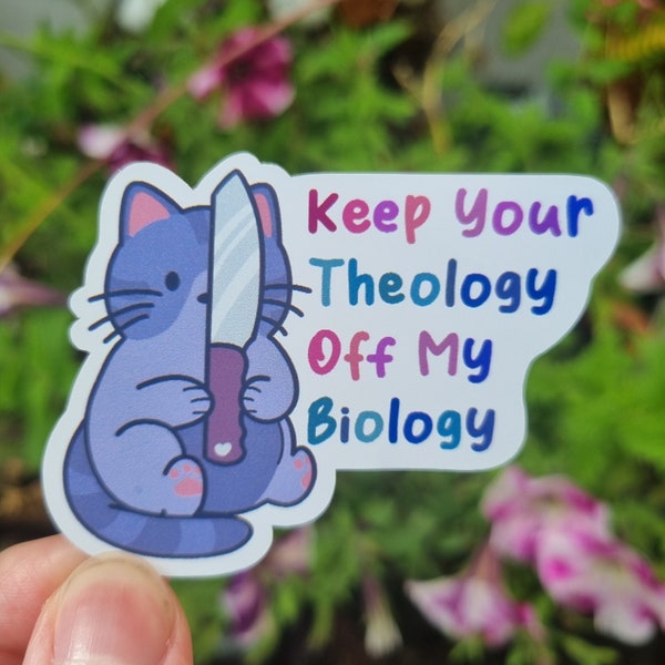 Katze mit Messer Aufkleber Keep Your Theology Off My Biology