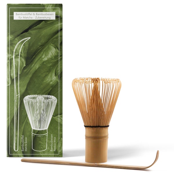 Matcha Besen und Löffel Set - handgefertigter Bambusbesen (Chasen) mit Löffel (Chashaku) für die traditionelle Zubereitung von Matcha Tee