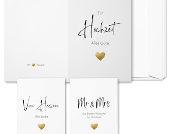 MAVANTO carte de félicitations de mariage avec enveloppe, lot de 3 - cartes de félicitations pour le mariage au design minimaliste (coeur doré)
