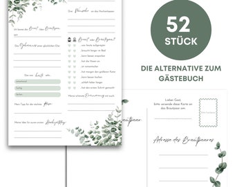 May include: A set of 52 blank cards with a green eucalyptus leaf design. The cards are for guests to write messages for the wedding couple. The text on the card reads "Die Alternative zum Gästebuch" which translates to "The alternative to the guest book".