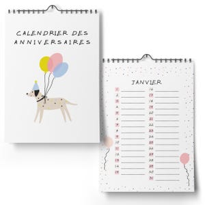 Può includere: Calendario a spirale con la scritta "CALENDRIER DES ANNIVERSAIRES" e un cane dei cartoni animati con palloncini. Le pagine del calendario presentano un layout di gennaio con date e righe per le note e coriandoli rosa.