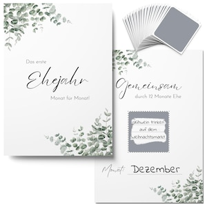 12 tarjetas rasca y gana "Tu primer año de matrimonio" - Tarjetas de regalo como regalo de boda creativo para momentos inolvidables (Eucalipto)