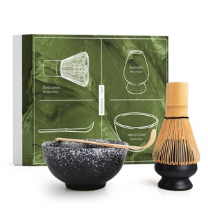 Set Matcha Completo In Ceramica E Bambù 4 Pezzi - Ciotola Con Beccuccio, Frusta, Paletta E Supporto - Verde