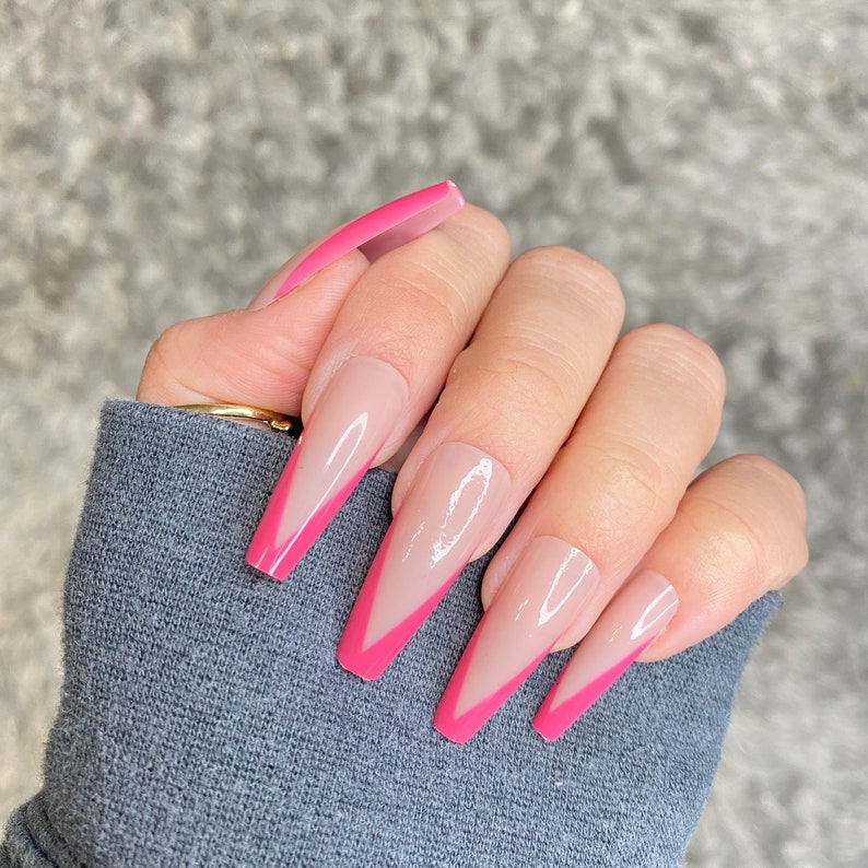 Pink French V-Shape Long Coffin Nails Long Press On Nails 24 image 0