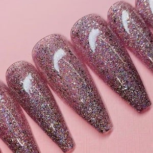 Pink Glitter press on nails, Pink nails, Glitter nails, Gelx nails, Coffin nails, Stilleto nails