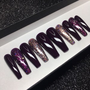 Purple press on nails, Press on nails, Purple glitter nails, Purple nails, Villains nails, Press on nails purple, Dark purple nails