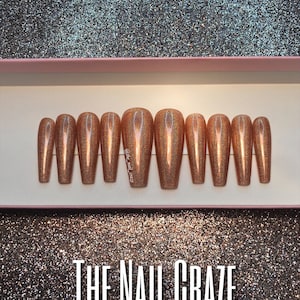 Press on nails, Brown Glitter nails, False nails, Bronze Shimmer nails, Bronze press on nails