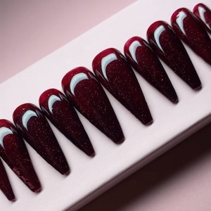 Red Glitter Press On Nails: Burgundy Maroon Salon Quality