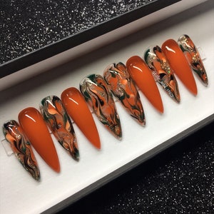 Rich Flex Fall Nails/ Orange Marble W/ Bronze Rhinestones/metallic Gold  Bronze Animal Print/cheetah/leopard/glam Nails/gel X -  Israel