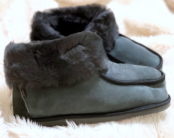 Grey Sheepskin Slippers, Handmade Wool Lined Winter Boots