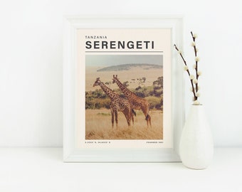 Serengeti Tanzania Giraffe Wall Art Print | Vintage Travel Art Prints| Retro Travel Posters | Travel Gallery Wall Destination National Park