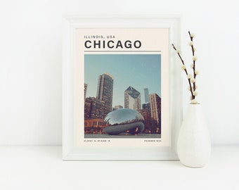 Chicago Illinois Print | Vintage Travel Art Prints| Retro Travel Posters | Modern Travel Gallery Wall | Destination | Cities Landmarks