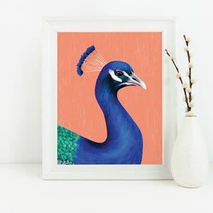 peach pink painted peacock wall art | peacock art print | boho wall art | peacock poster | office wall art | printable wall art | Animal Art