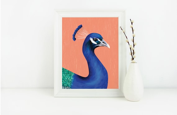 peach pink painted peacock wall art | peacock art print | boho wall art | peacock poster | office wall art | printable wall art | Animal Art
