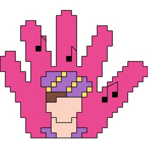 May include: A pixelated pink hand with a purple and yellow hat and musical notes. The hand is holding a person with brown hair and a brown face.