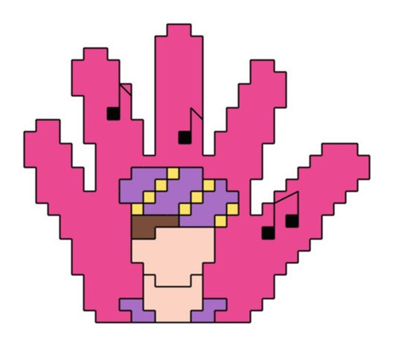 May include: A pixelated pink hand with a purple and yellow hat and musical notes. The hand is holding a person with brown hair and a brown face.
