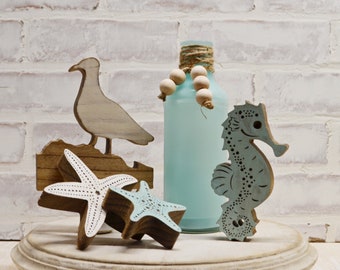 Summer Tiered Tray Decor *Beach Tray Decor *Seahorse *Summer Decor * Starfish * Sea Gull * Sea Glass Vase *Beach Theme Tray
