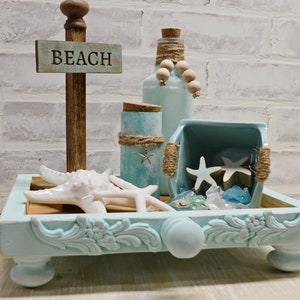 Tiered Tray Decor *Summer Tray Decor *Beach Theme Tray *Salted Beach Glass Bottles* Beach Sign* Sea Glass *Starfish *Aqua Beach House Decor