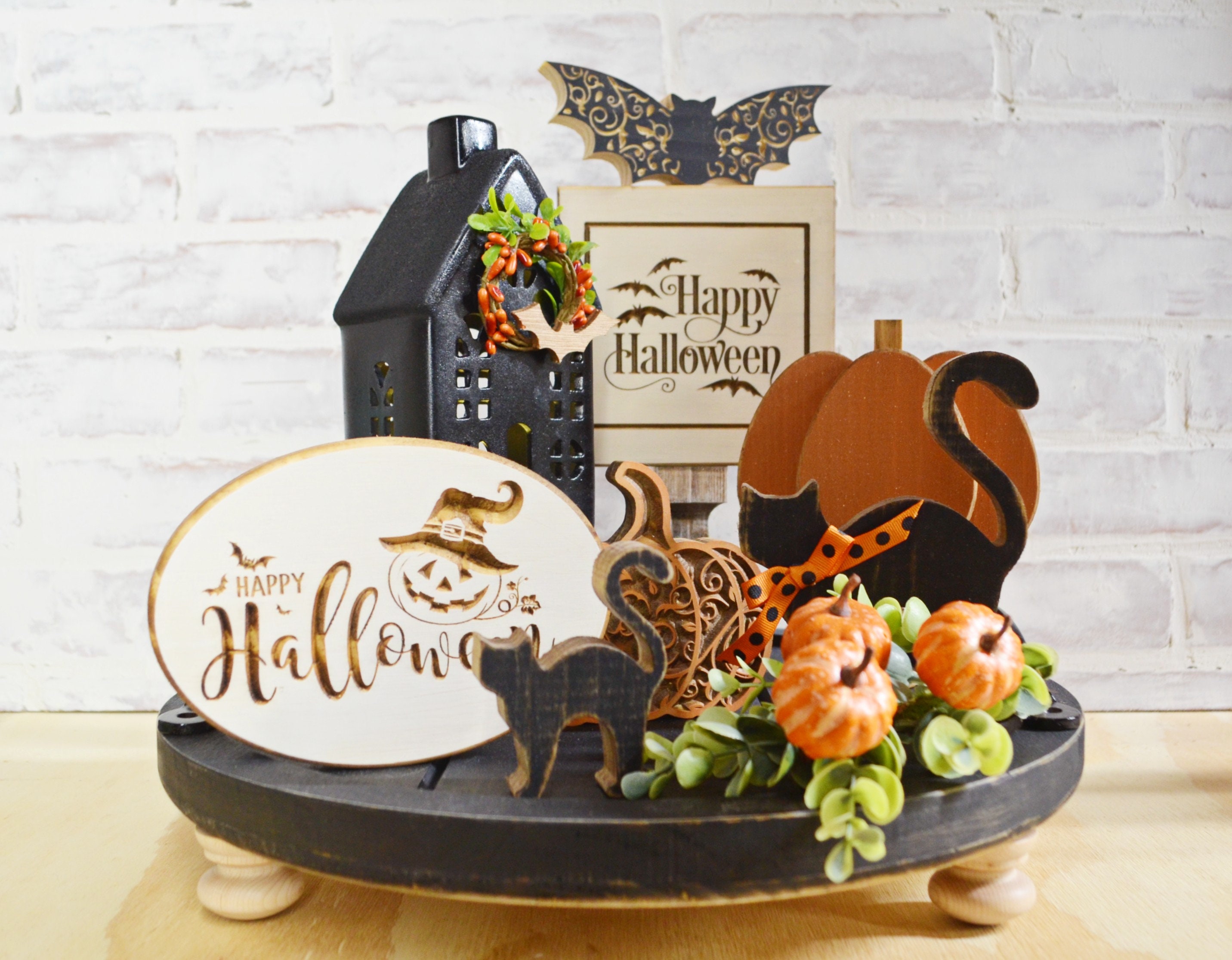 Halloween Tray Decor...Black Cats...Haunted House...Pumpkins...Happy Halloween Signs...Tiered Tray Decor