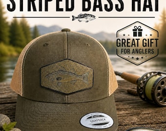 Striped Bass Patch Hat, Yupoong 6606, Fishing, Fathers Gift, OSFM. Trucker Cap Leatherette