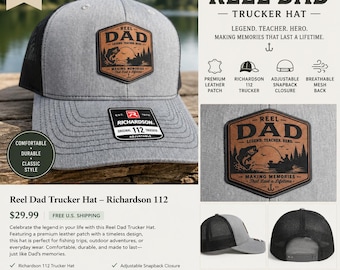 Reel Dad Leatherette Patch Hat – Richardson 112 Trucker Cap – Fishing Dad Gift – Father’s Day Hat – Outdoor Dad Snapback