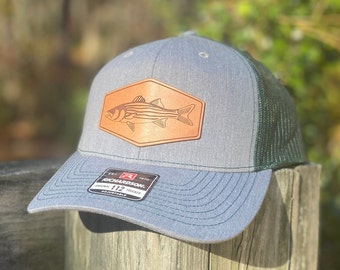 Striped Bass, Trucker Real Leather Patch Hat, Laser Engraved, Fishing, Adjustable Size OSFM