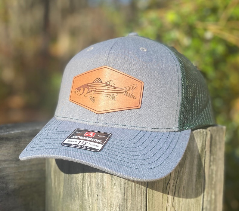 Striped Bass Trucker Leather Patch Hat Laser Engraved Navy Etsy