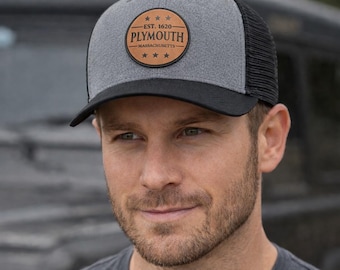 Custom Town Patch Trucker Hat | Personalized City & State Hat | Laser Engraved Leather Patch | Yupoong 6606 | Gift for Him or Her