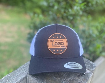 Personalized Yupoong 6606 Trucker Hat – Custom Leather Patch, Laser Engraved Logo, Gift for Him