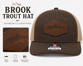 Brook Trout Leather Patch Hat, Richardson 112 Trucker Cap, Fishing Hat for Men, Bass Fishing Gift, Angler Hat, Brown Khaki Snapback